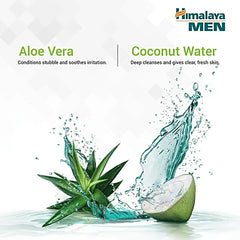 Men face and beard wash ingredients graphic with aloe vera and coconut water splash