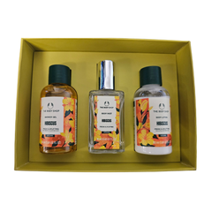 Hibiscus skincare set in box with three bottles: shower gel, body mist, and lotion