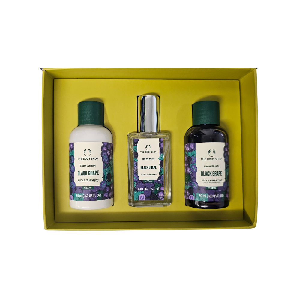 The Body Shop Black Grape body care set with three bottles in gift box