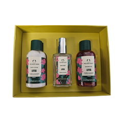 Skincare gift set box with Lotus lotion bottles and body mist spray