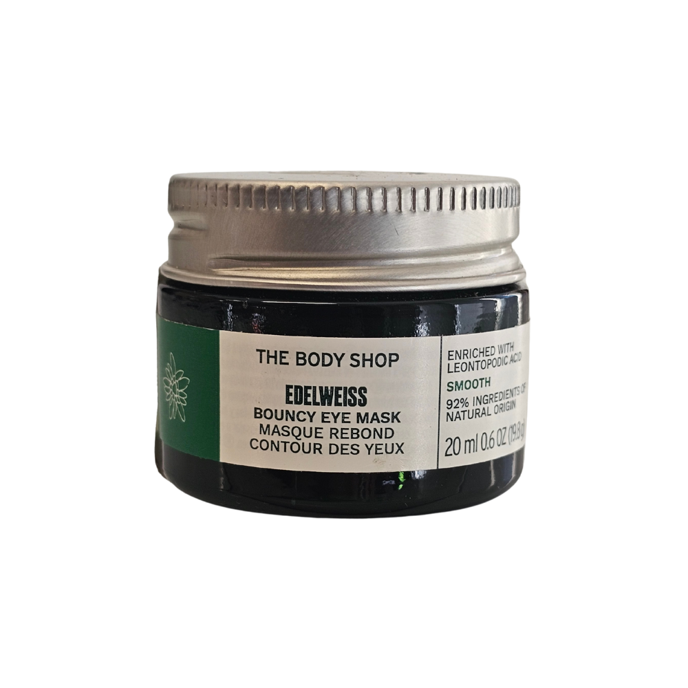 The Body Shop Edelweiss Bouncy Eye Mask jar with silver lid and green label, 20 ml