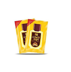 Bajaj Almond Drops hair oil sachet, yellow pouch with dark label