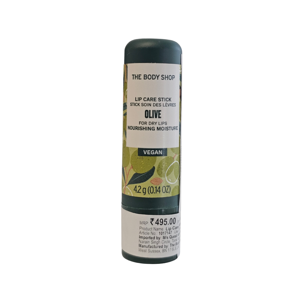 The Body Shop olive lip care stick, cylindrical tube with label and dark cap