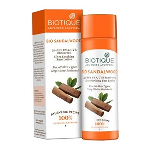 Biotique Bio Sandalwood SPF 50+ face lotion set: orange bottle and carton