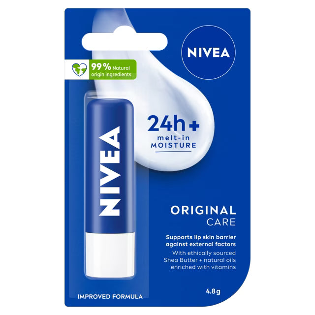 Nivea Original Care 24H moisture lip balm in blue-and-white tube, 4.8 g