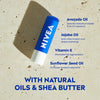 Nivea lip balm tube with natural oils: avocado, jojoba, vitamin E, sunflower seed oil