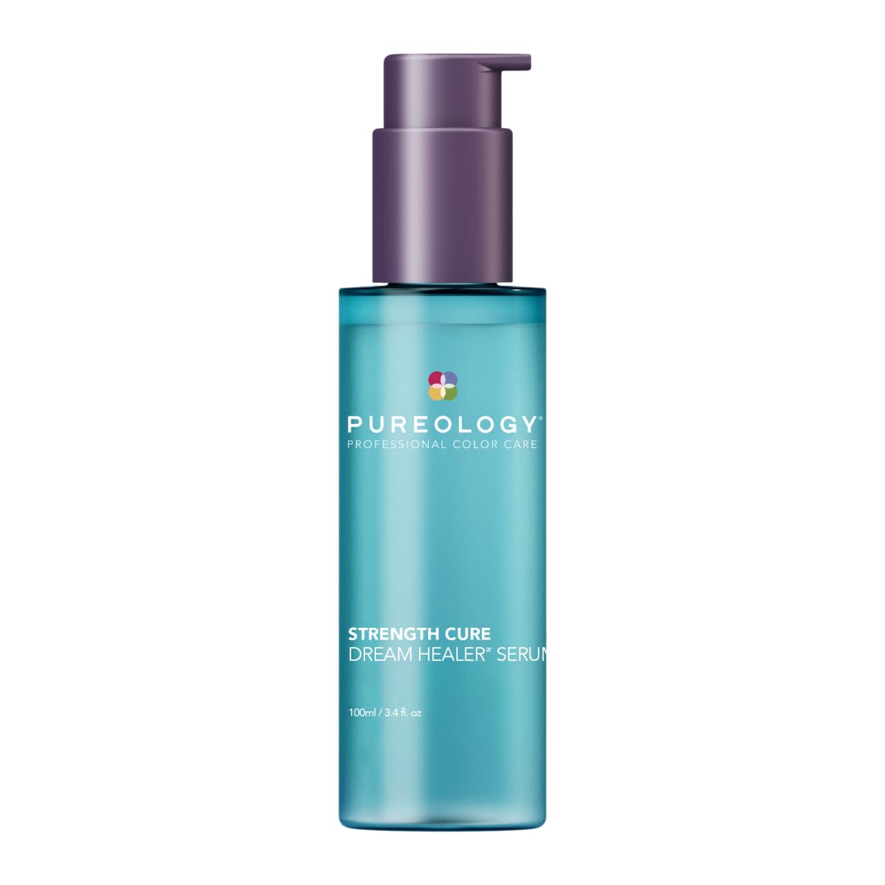 Hair serum bottle with teal body and purple pump dispenser