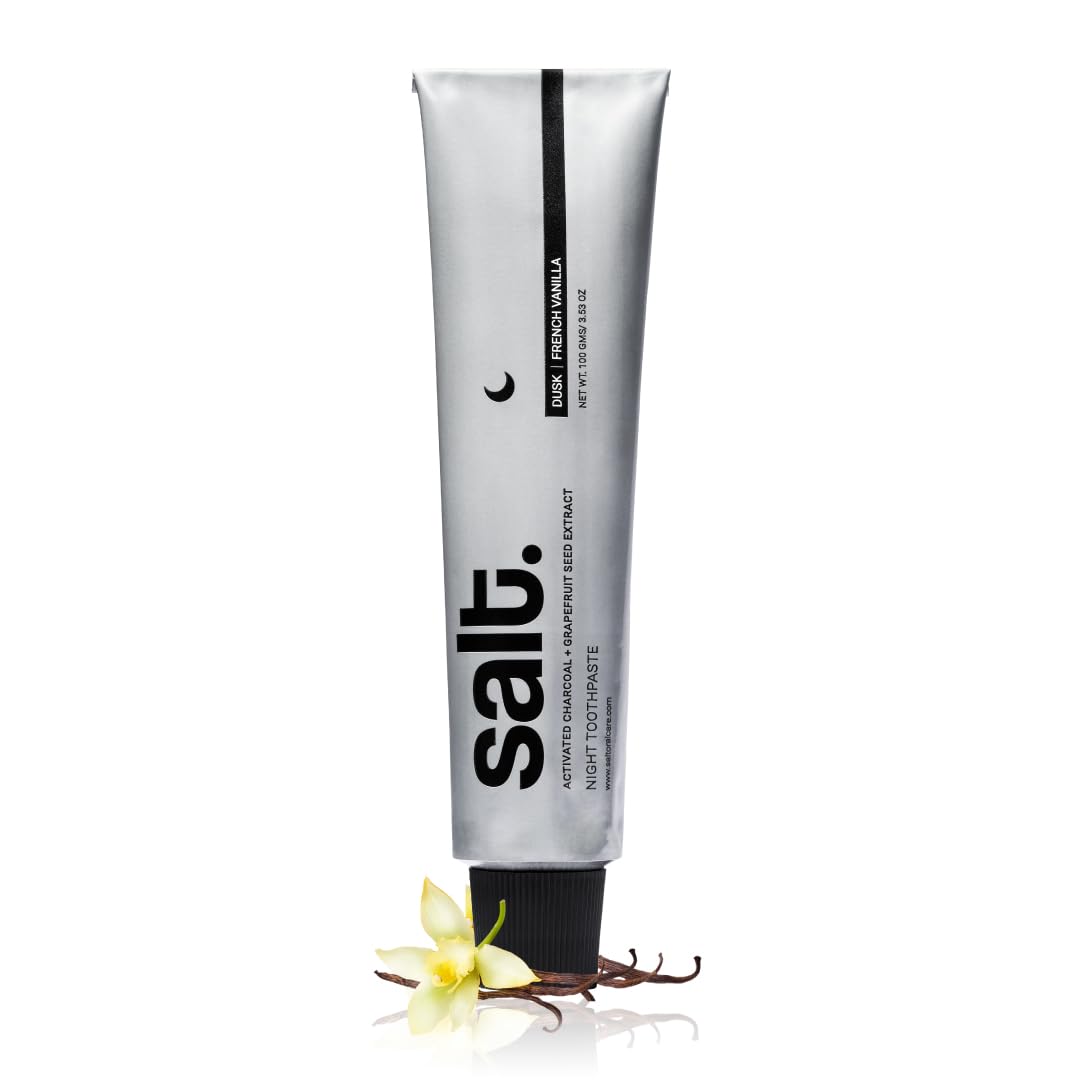Toothpaste tube, silver metal with black nozzle cap, Salt branding