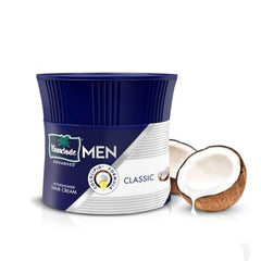 Men hair cream tub with coconut halves and white cream scoop detail, navy and white