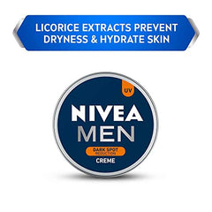 Nivea Men cream container top, blue banner about licorice extracts and UV badge