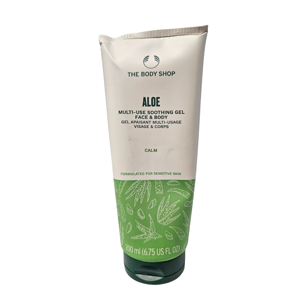 Aloe multi-use soothing face and body gel in a squeeze tube, green label