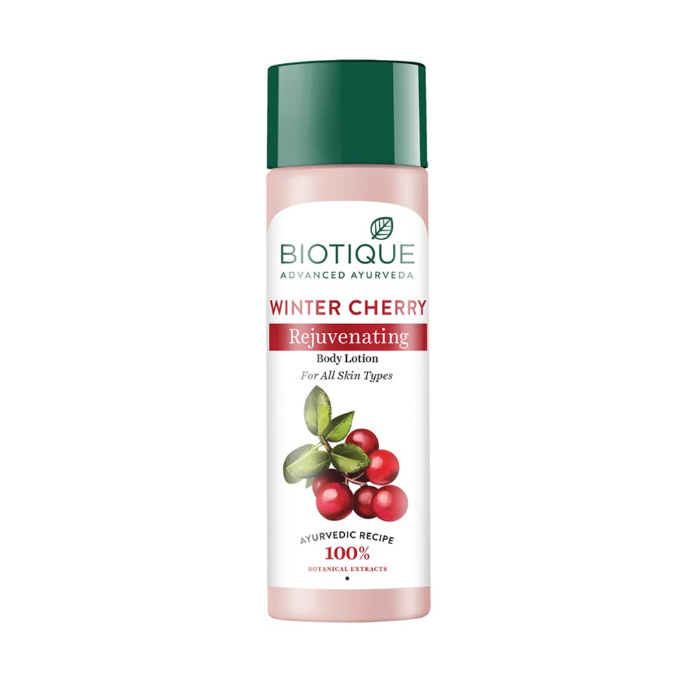 Winter cherry body nourisher bottle with green cap and pink label, 120 ml