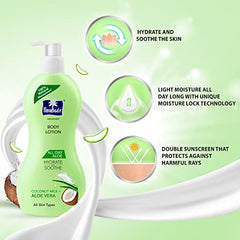 Parachute Advansed body lotion bottle with pump beside hydration and sun protection icons