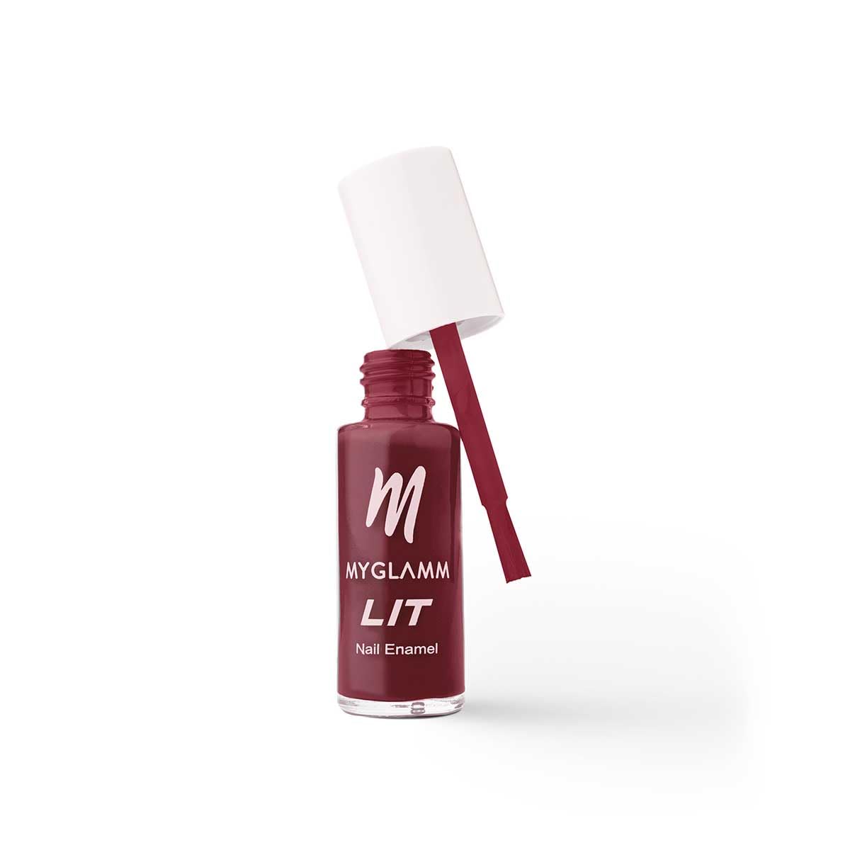 MyGlamm LIT nail enamel bottle with white cap and deep maroon polish