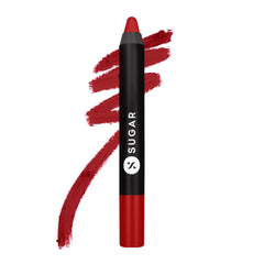 Red matte lip crayon with black cap; vertical swatch behind.