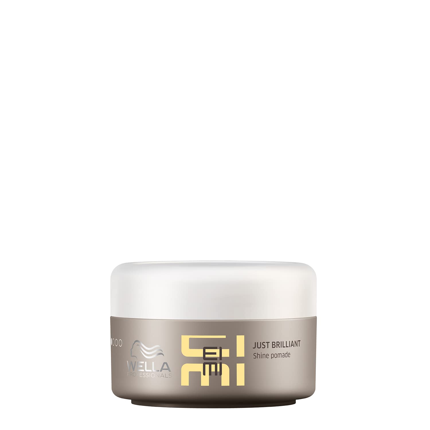 Hair styling shine pomade jar, Wella EIMI Just Brilliant, white and gold label, 75 ml.