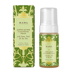 Kama Ayurveda anti acne cleansing foam bottle with tall carton, green decorative design