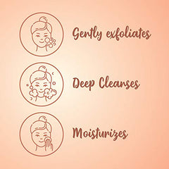 Deep cleansing face wash benefits icons showing gentle exfoliation, deep cleanses, moisturizes
