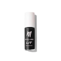 Nail enamel bottle with white cap and black label, glossy dark red nail polish