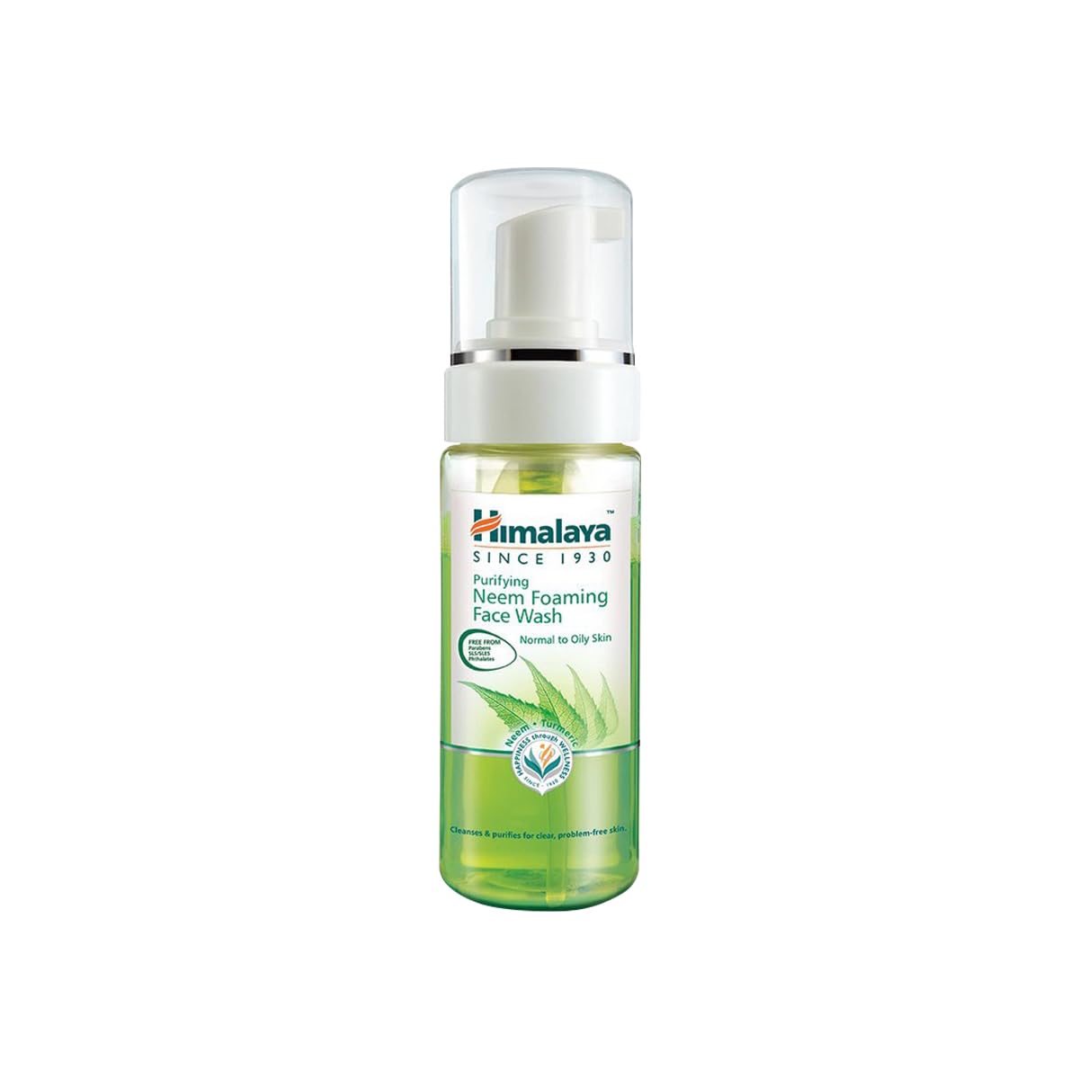 Neem foaming face wash bottle, clear green liquid with white pump, 150 ml
