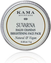 Kama Ayurveda face pack jar lid with Suvarna Haldi Chandan label, cream round sticker.