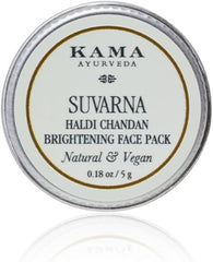 Kama Ayurveda face pack jar lid with Suvarna Haldi Chandan label, cream round sticker.