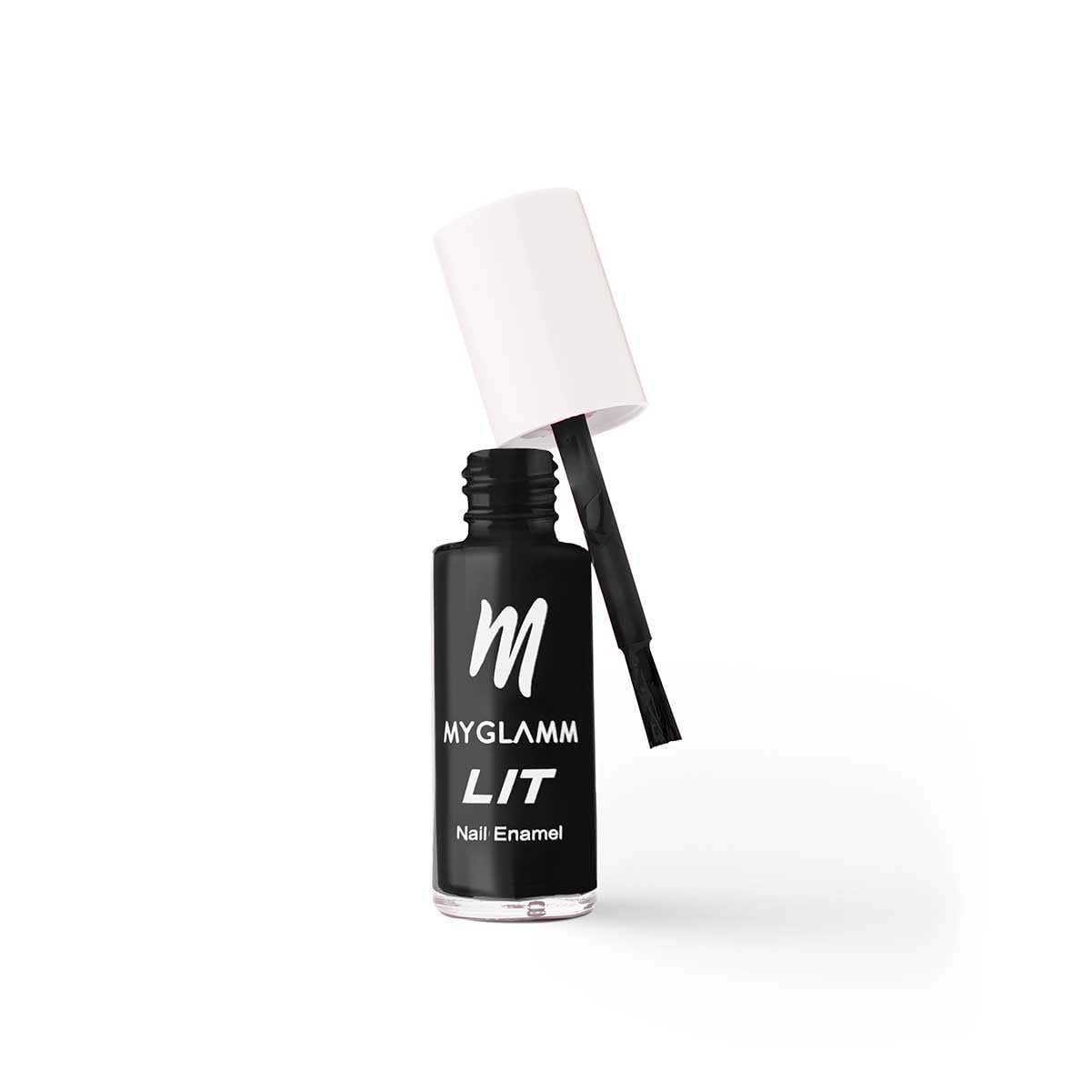 Nail enamel bottle with doe-foot applicator, black bottle with red polish and white cap