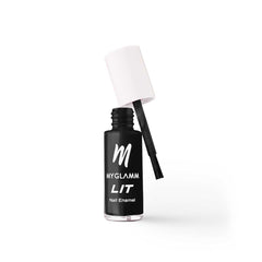 Nail enamel bottle with doe-foot applicator, black bottle with red polish and white cap