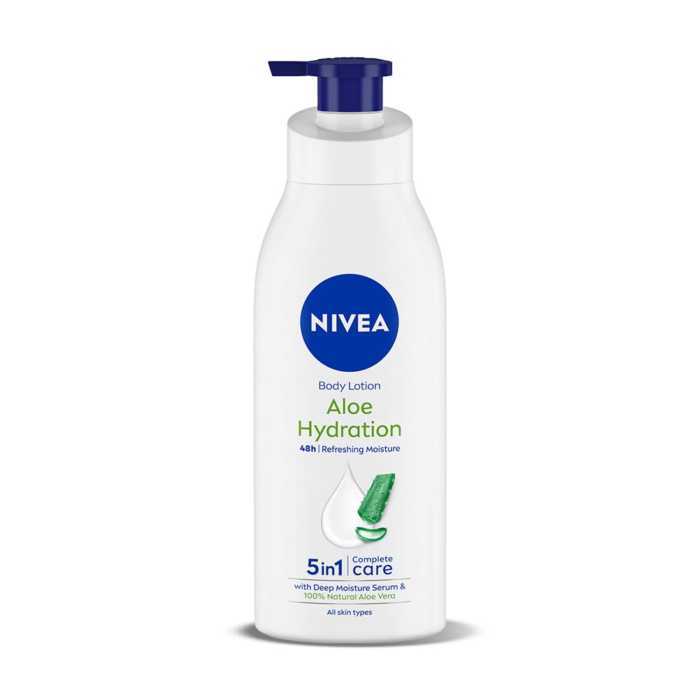 NIVEA body lotion bottle with blue pump, Aloe Hydration label, 5-in-1 care.