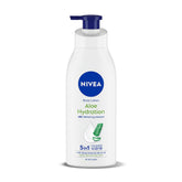NIVEA body lotion bottle with blue pump, Aloe Hydration label, 5-in-1 care.