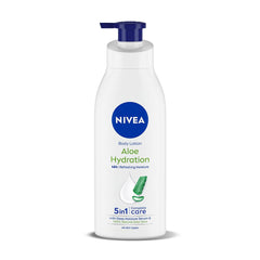 NIVEA body lotion bottle with blue pump, Aloe Hydration label, 5-in-1 care.