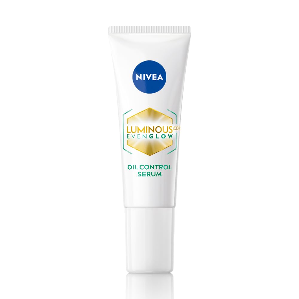 NIVEA Luminous Even Glow oil control serum in a white squeeze tube with blue label