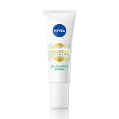 NIVEA Luminous Even Glow oil control serum in a white squeeze tube with blue label