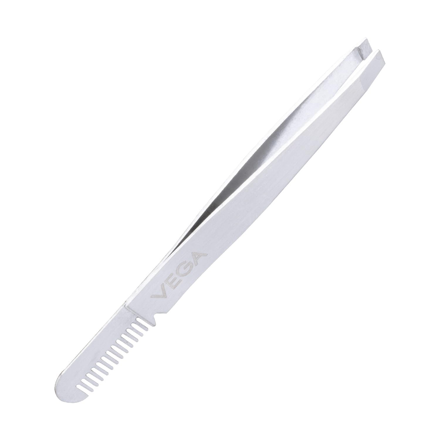 2-in-1 brow groomer and tweezer tool with comb and slanted tip, silver tone