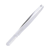 2-in-1 brow groomer and tweezer tool with comb and slanted tip, silver tone