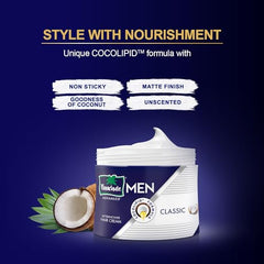 Men hair cream tub with white cream swirl, Parachute Men Classic branding
