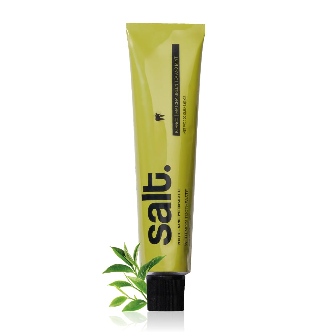 Salt whitening toothpaste tube, yellow-green with black cap
