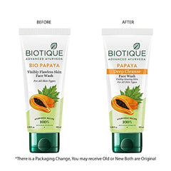 Biotique Bio Papaya face wash shown as before-and-after tube display