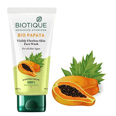 Biotique Bio Papaya face wash tube with papaya graphic, white-green bottle