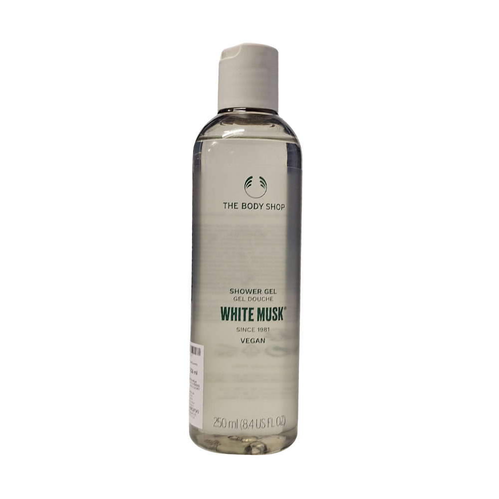 The Body Shop White Musk shower gel bottle, clear, 250 ml