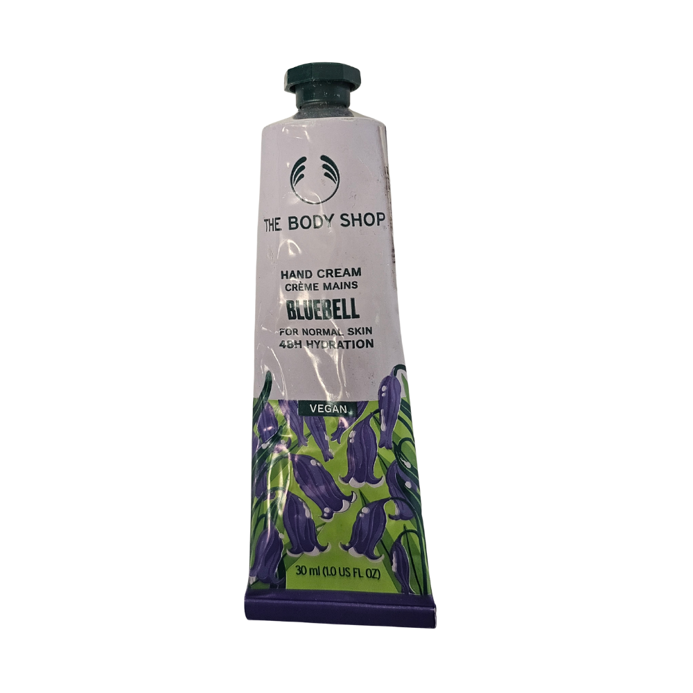 The Body Shop Bluebell hand cream tube, 30 ml, purple floral label