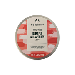 Round body cream jar lid with Blissful Strawberry label, vegan, 200 ml
