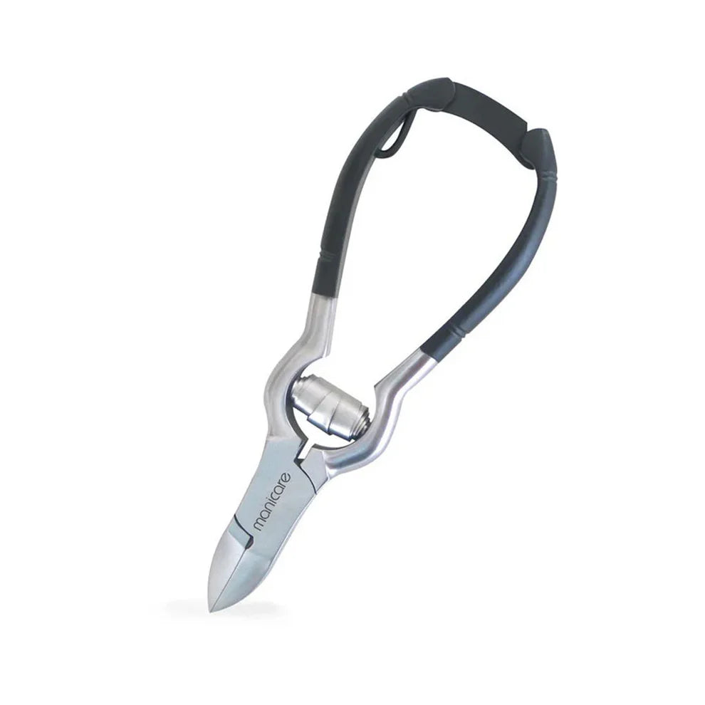 Chiropody spring pliers with black grip handles and silver metal tips
