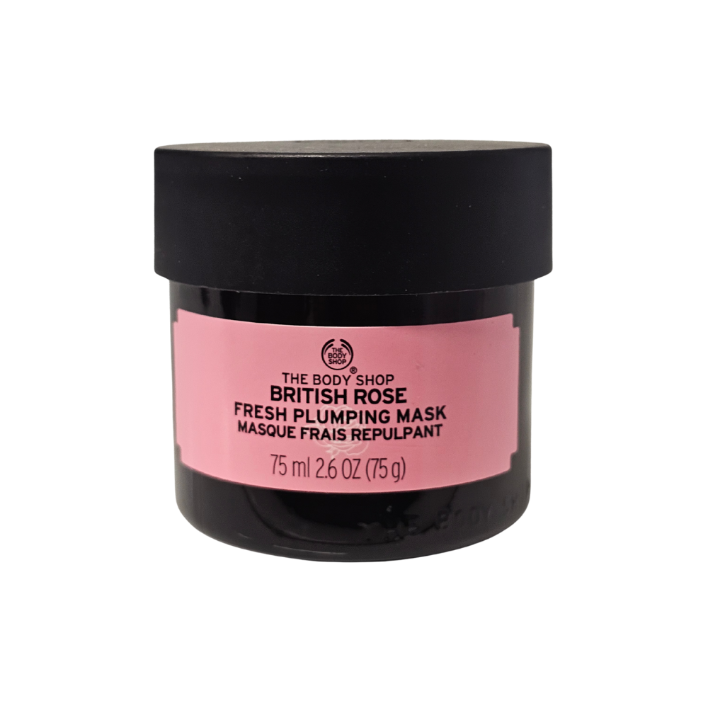 The Body Shop British Rose plumping mask jar with black lid and pink label, 75 ml