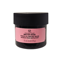 The Body Shop British Rose plumping mask jar with black lid and pink label, 75 ml