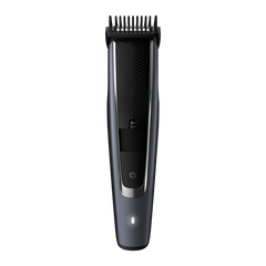 Beard trimmer with comb guard and display window, front/top view