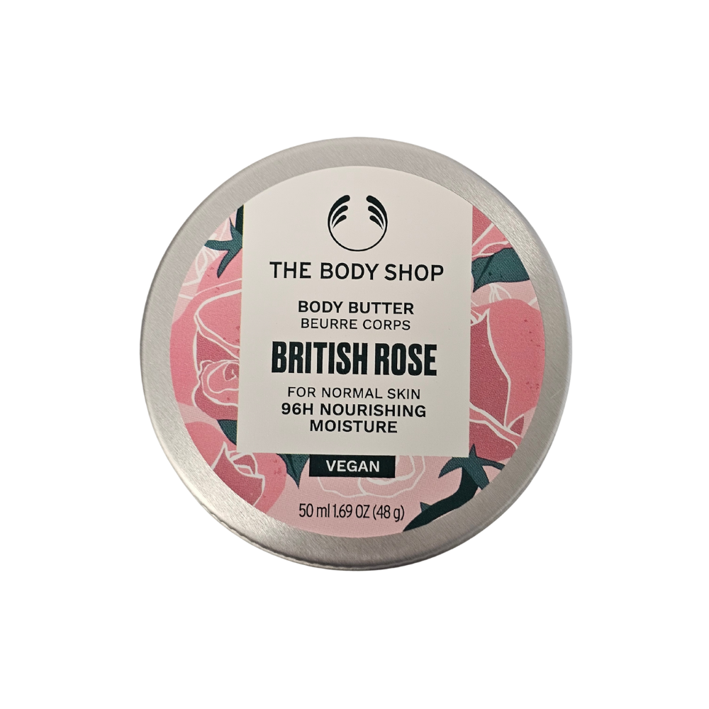 Body butter jar with British Rose label and The Body Shop branding