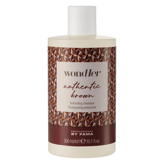 Wondher shampoo bottle with geometric brown label, authentic brown defending, 300 ml