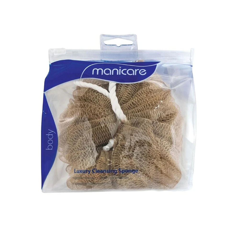 Cleansing sponge with beige mesh scrub surface in clear pouch