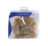 Cleansing sponge with beige mesh scrub surface in clear pouch